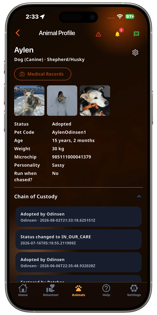 Individual animal profile in the Rescue Alert app, dark mode