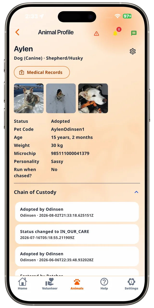 Individual animal profile in the Rescue Alert app, light mode