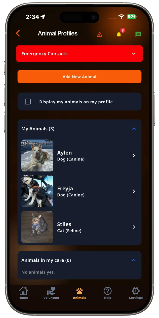 Animal Profiles screen in the Rescue Alert app, dark mode
