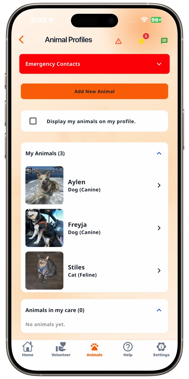 Animal Profiles screen in the Rescue Alert app, light mode