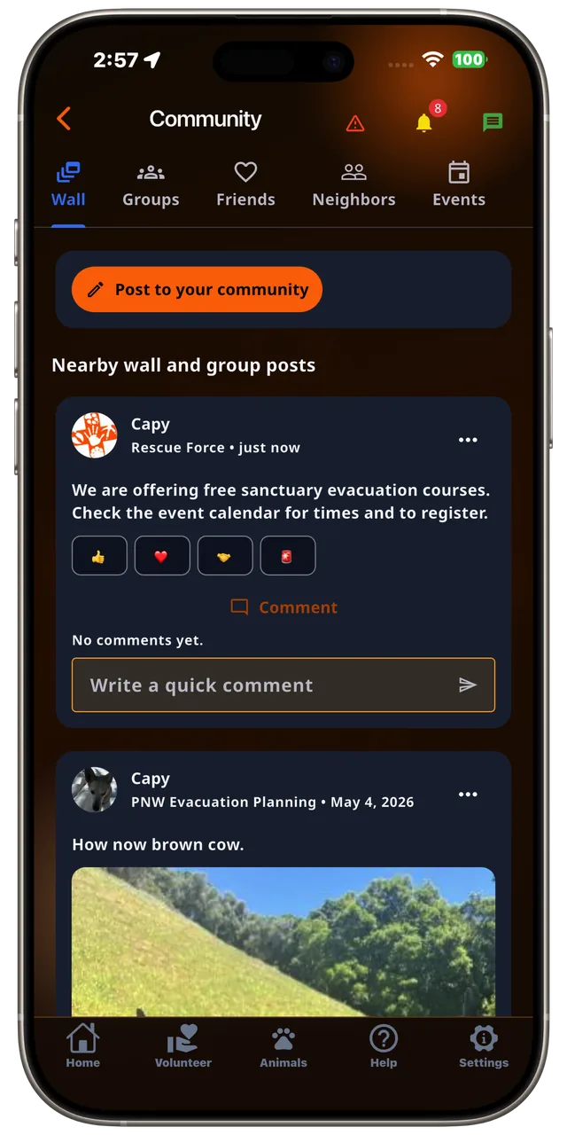 Community wall in the Rescue Alert app, dark mode