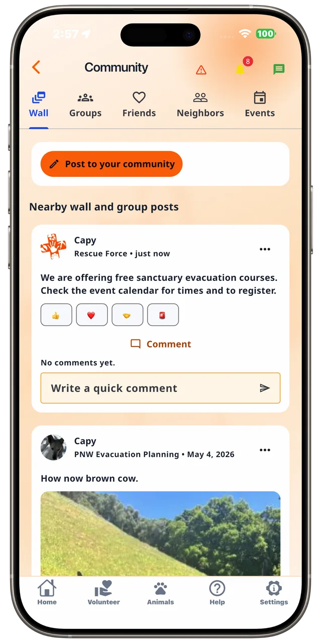 Community wall in the Rescue Alert app, light mode