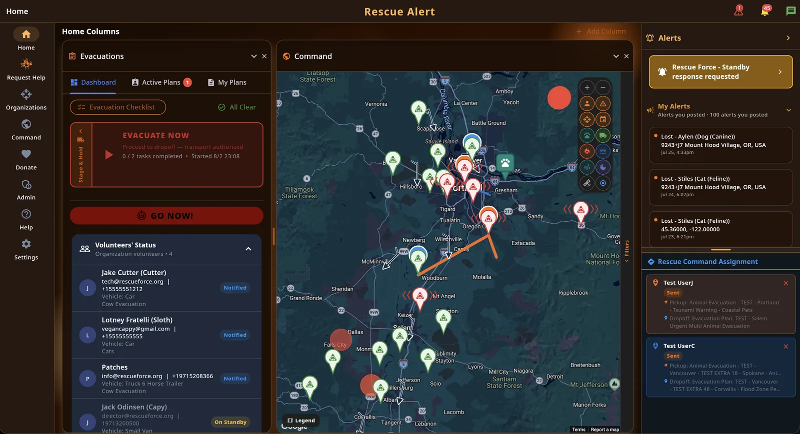 Evacuation dashboard with live command map in the Rescue Alert web app, dark mode