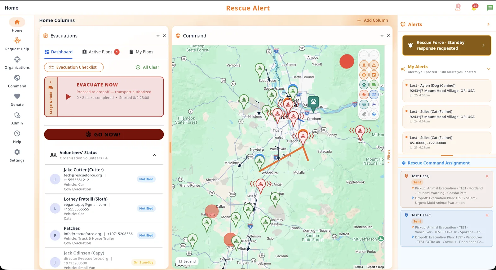 Evacuation dashboard with live command map in the Rescue Alert web app, light mode