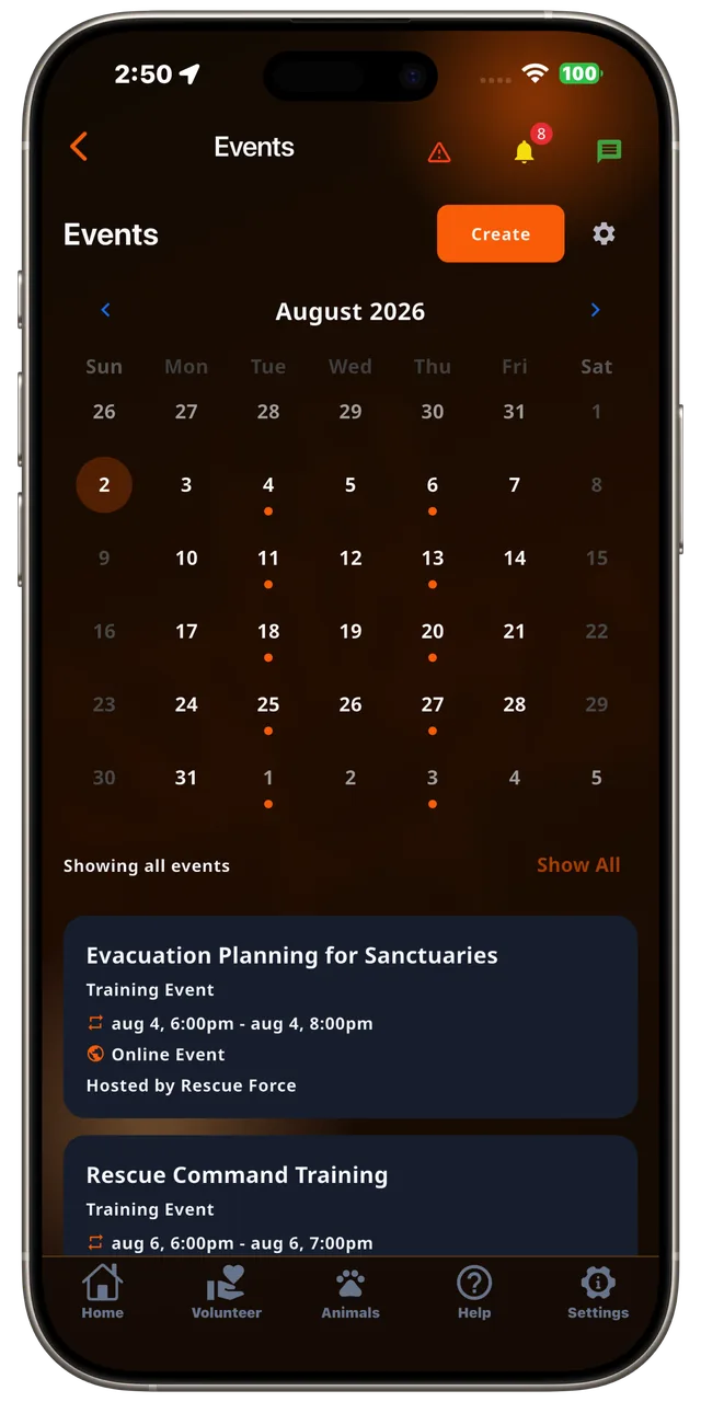 Events calendar in the Rescue Alert app, dark mode