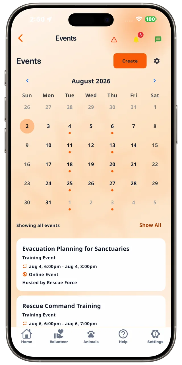 Events calendar in the Rescue Alert app, light mode