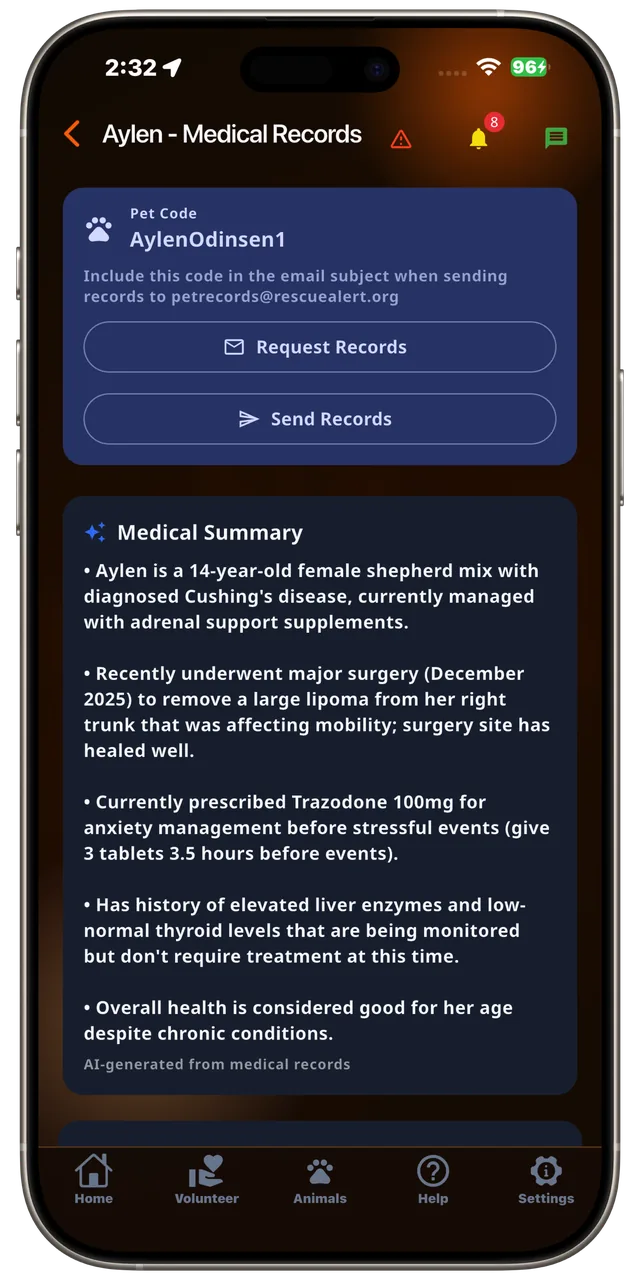 AI medical records summary in the Rescue Alert app, dark mode
