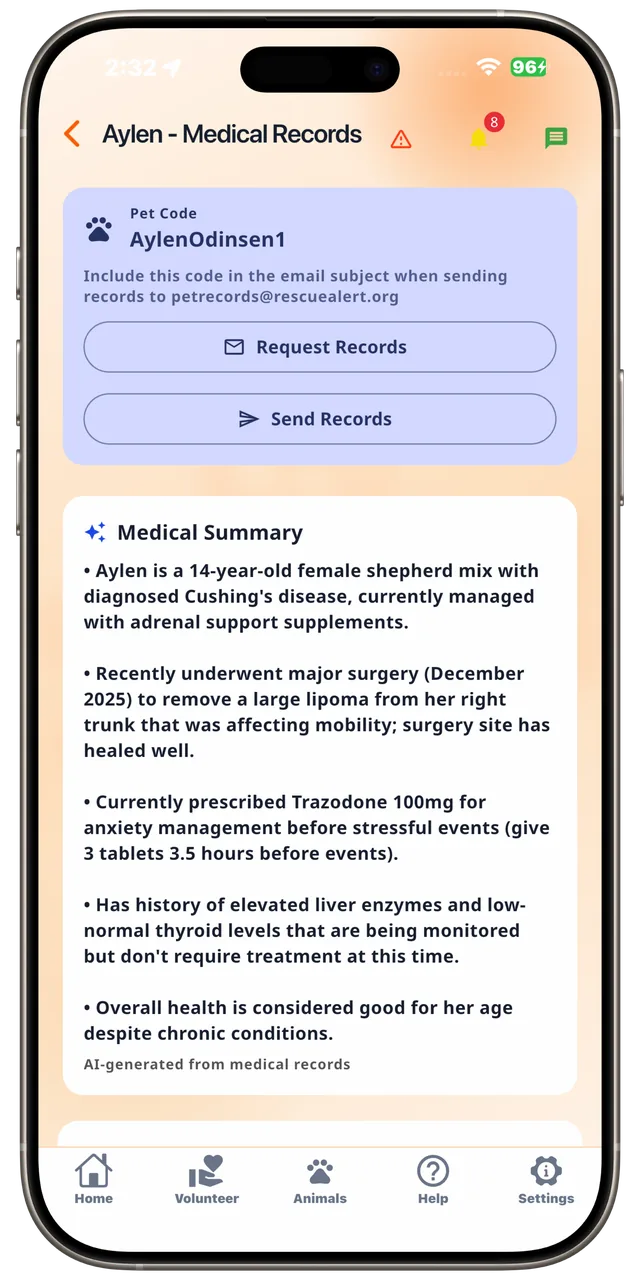 AI medical records summary in the Rescue Alert app, light mode