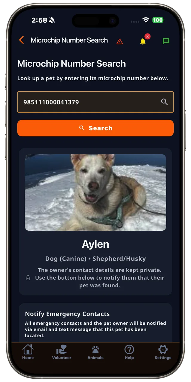 Microchip number search in the Rescue Alert app, dark mode