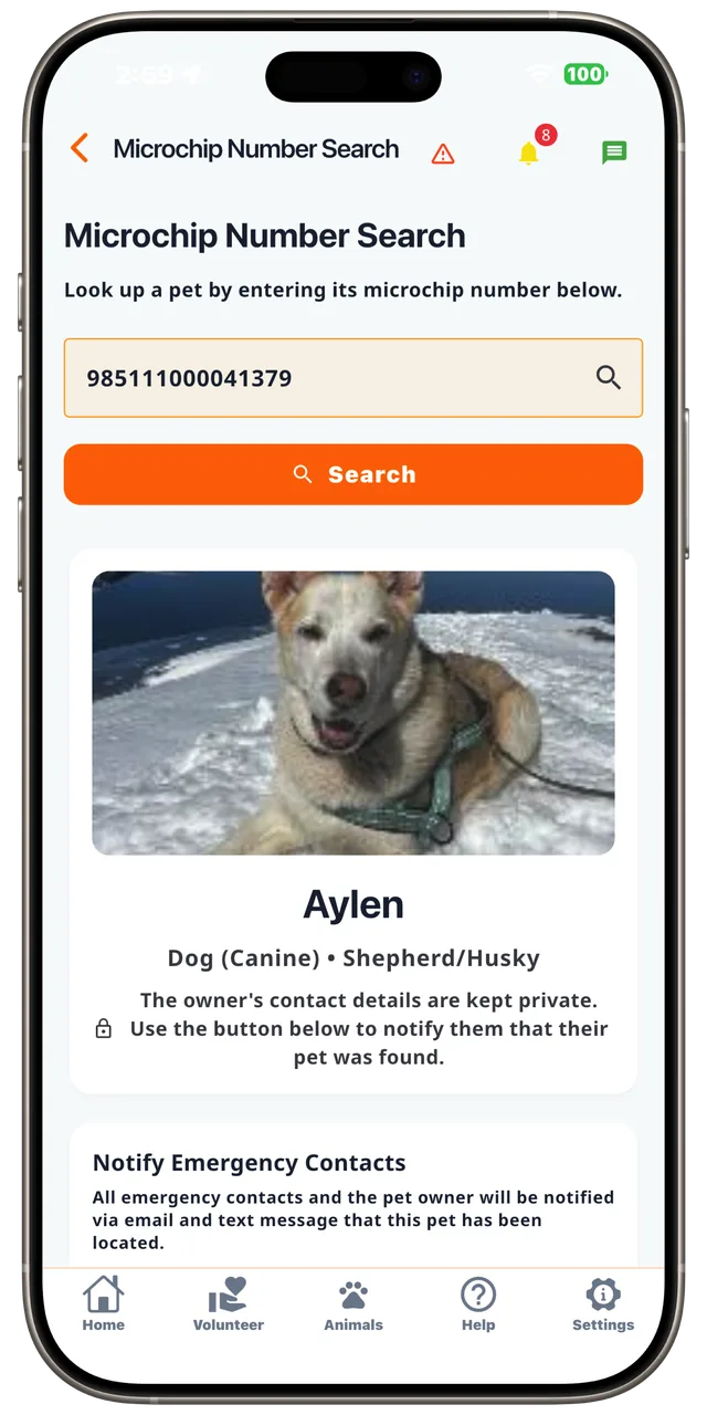 Microchip number search in the Rescue Alert app, light mode