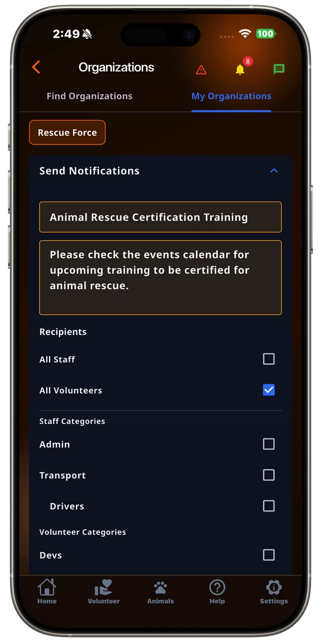 Organization notifications in the Rescue Alert app, dark mode