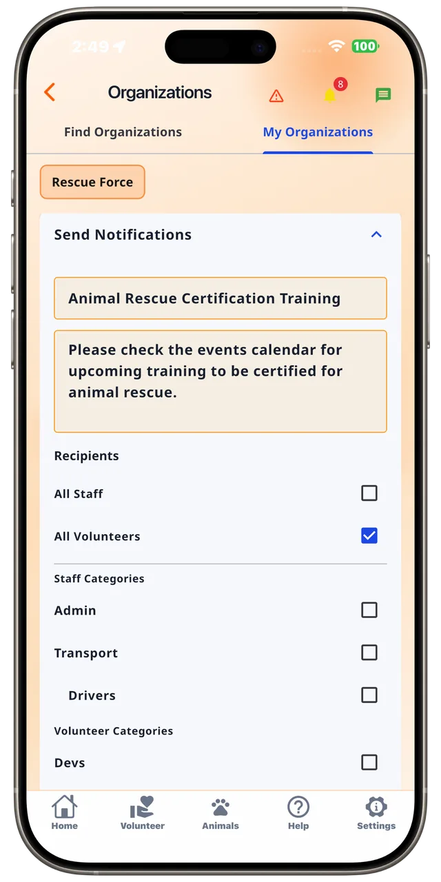 Organization notifications in the Rescue Alert app, light mode