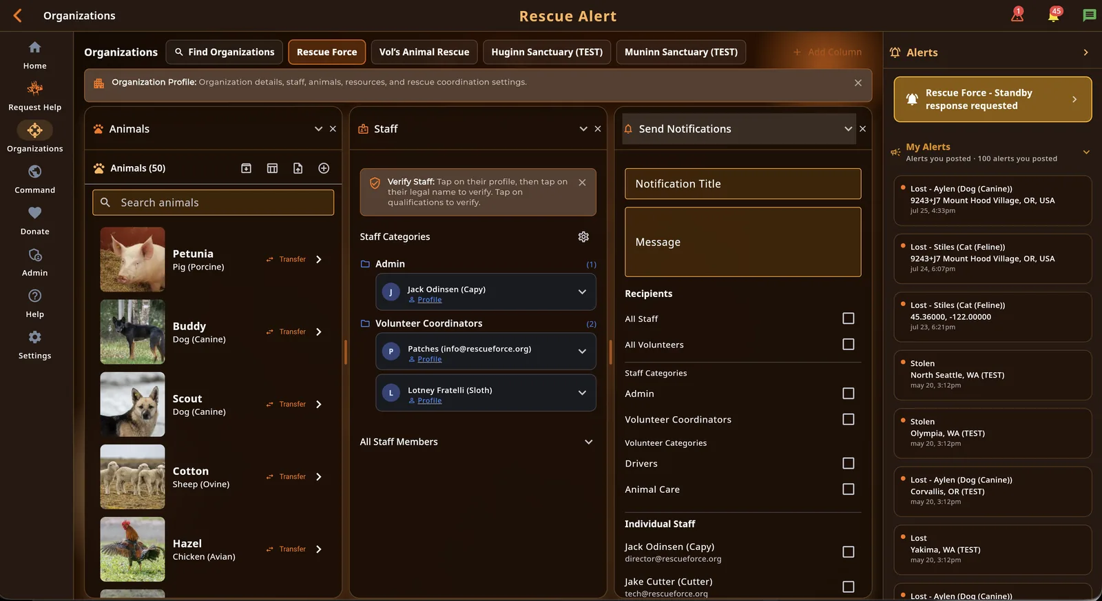 Organization workspace with animals, staff, and notifications panels in the Rescue Alert web app, dark mode