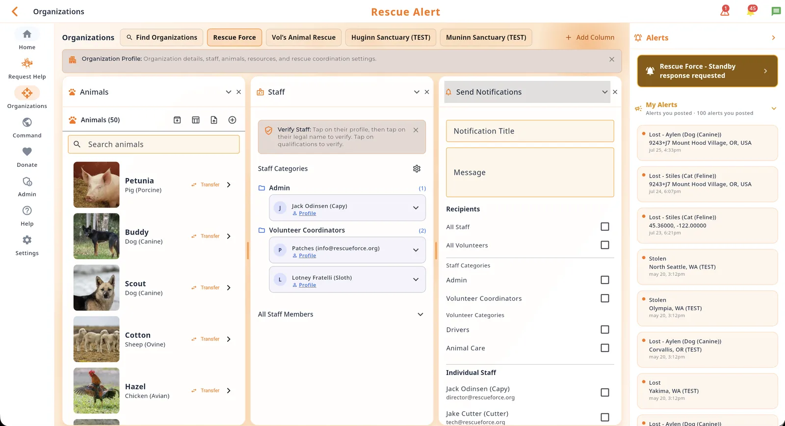 Organization workspace with animals, staff, and notifications panels in the Rescue Alert web app, light mode