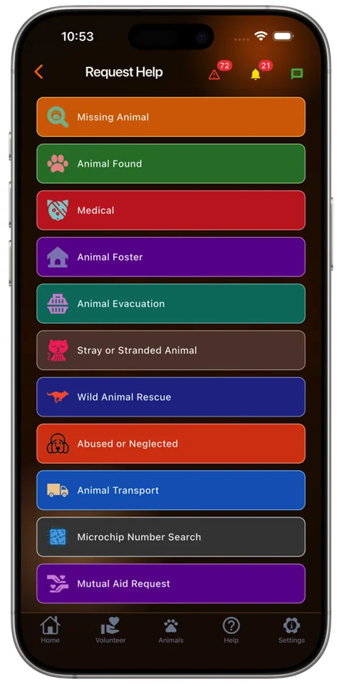 Request Help menu in the Rescue Alert app, dark mode