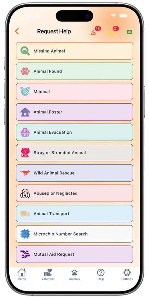 Request Help menu in the Rescue Alert app, light mode