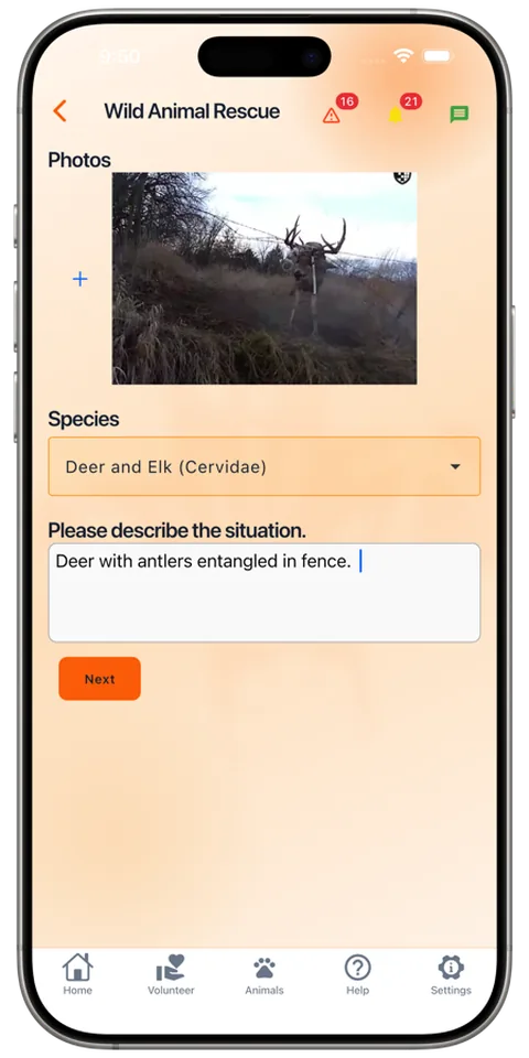 Describing a wild animal rescue in the Rescue Alert app, light mode