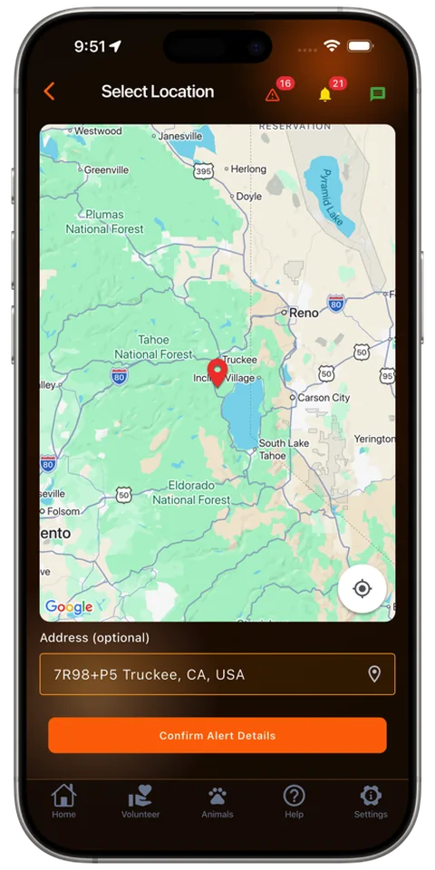 Selecting the alert location in the Rescue Alert app, dark mode