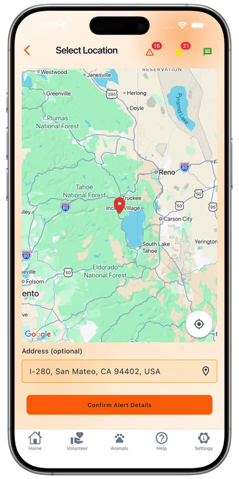 Selecting the alert location in the Rescue Alert app, light mode