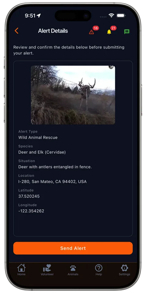 Reviewing and sending the alert in the Rescue Alert app, dark mode