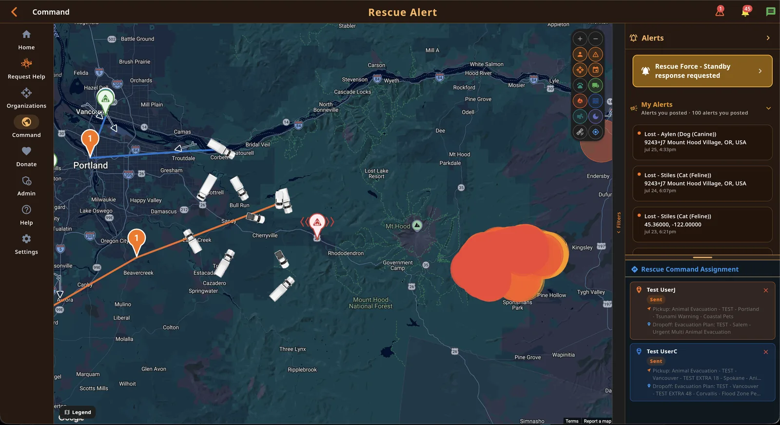 Rescue Command live operations map in the Rescue Alert web app, dark mode