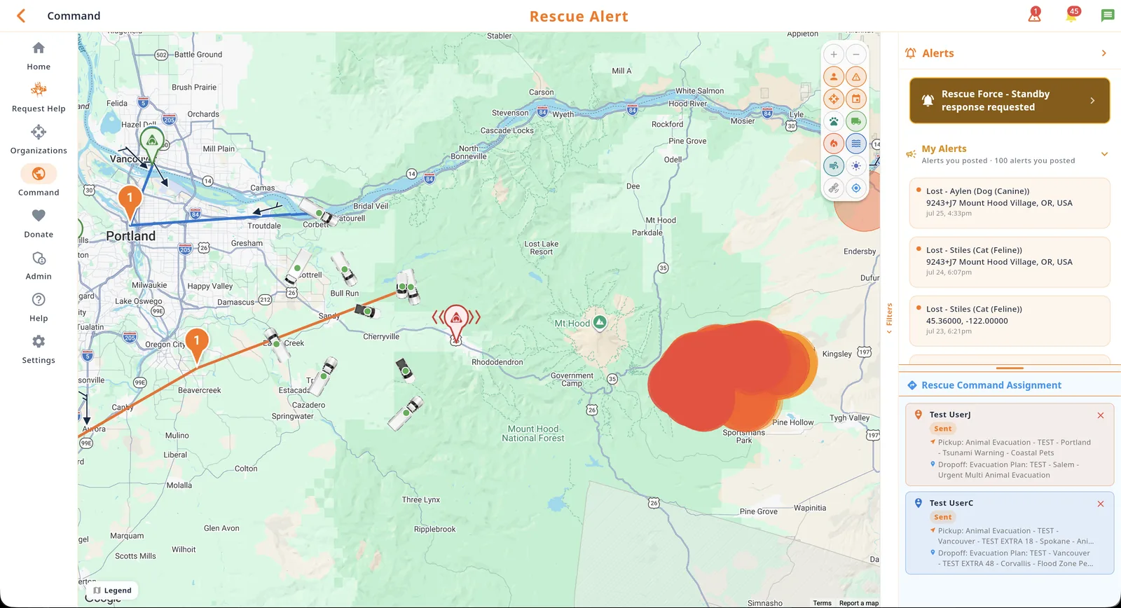 Rescue Command live operations map in the Rescue Alert web app, light mode