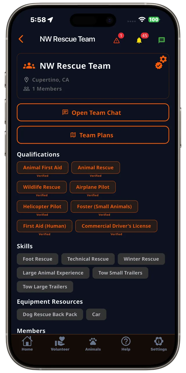 Rescue team page with verified qualifications in the Rescue Alert app, dark mode