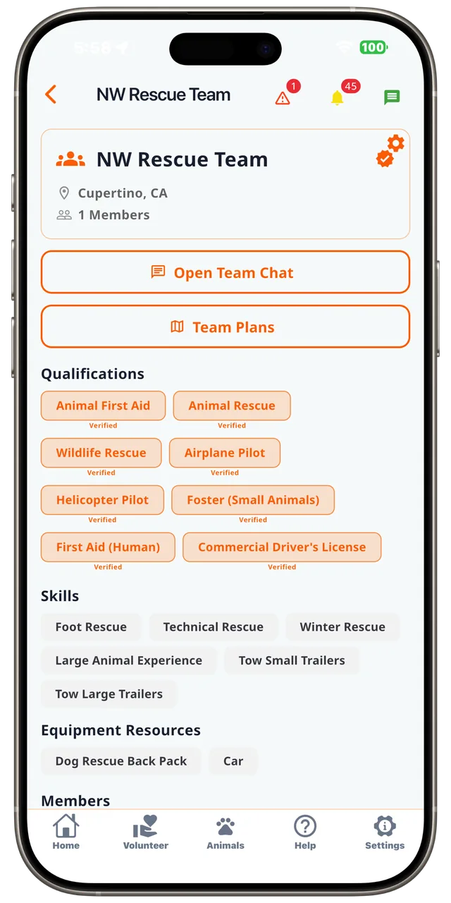 Rescue team page with verified qualifications in the Rescue Alert app, light mode