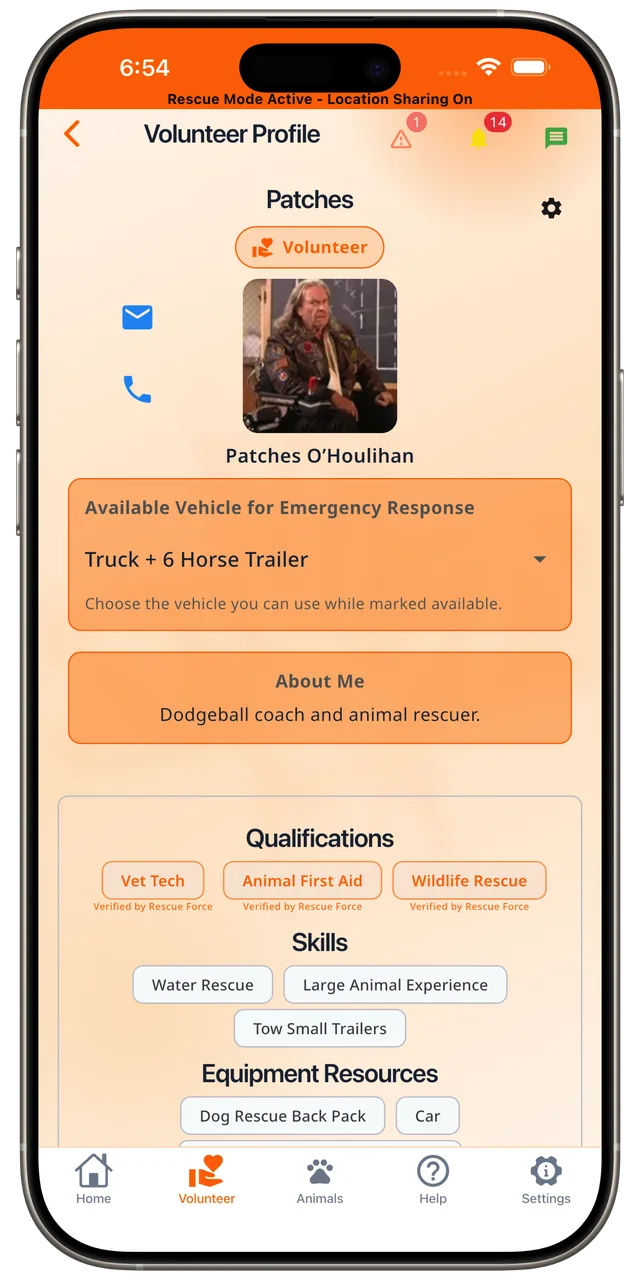Volunteer profile with vehicle, qualifications, and skills in the Rescue Alert app, light mode